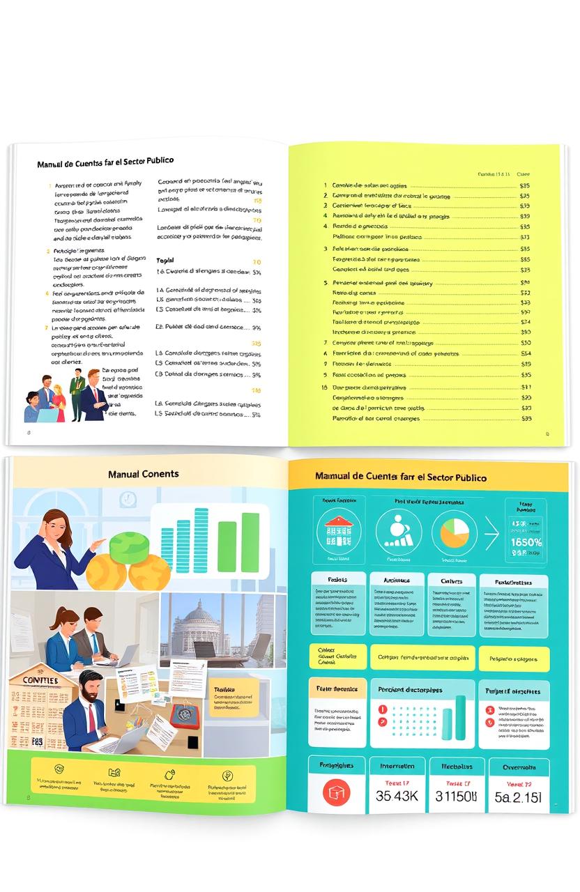 A detailed and visually engaging guidebook titled 'Manual de Cuentas para el Sector Público', featuring a well-organized contents page, illustrative graphs and charts representing financial data, images of officials in a professional setting reviewing budgets, and informative tabs highlighting key financial processes