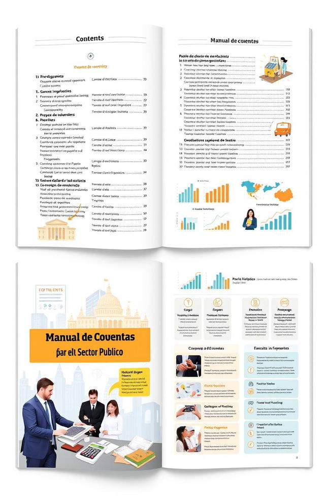 A detailed and visually engaging guidebook titled 'Manual de Cuentas para el Sector Público', featuring a well-organized contents page, illustrative graphs and charts representing financial data, images of officials in a professional setting reviewing budgets, and informative tabs highlighting key financial processes