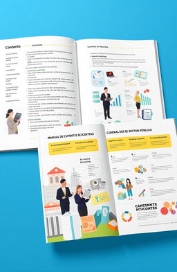 A detailed and visually engaging guidebook titled 'Manual de Cuentas para el Sector Público', featuring a well-organized contents page, illustrative graphs and charts representing financial data, images of officials in a professional setting reviewing budgets, and informative tabs highlighting key financial processes