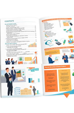 A detailed and visually engaging guidebook titled 'Manual de Cuentas para el Sector Público', featuring a well-organized contents page, illustrative graphs and charts representing financial data, images of officials in a professional setting reviewing budgets, and informative tabs highlighting key financial processes
