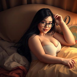 A sensually depicted college girl with long black hair, wearing stylish glasses, reclining on a plush bed