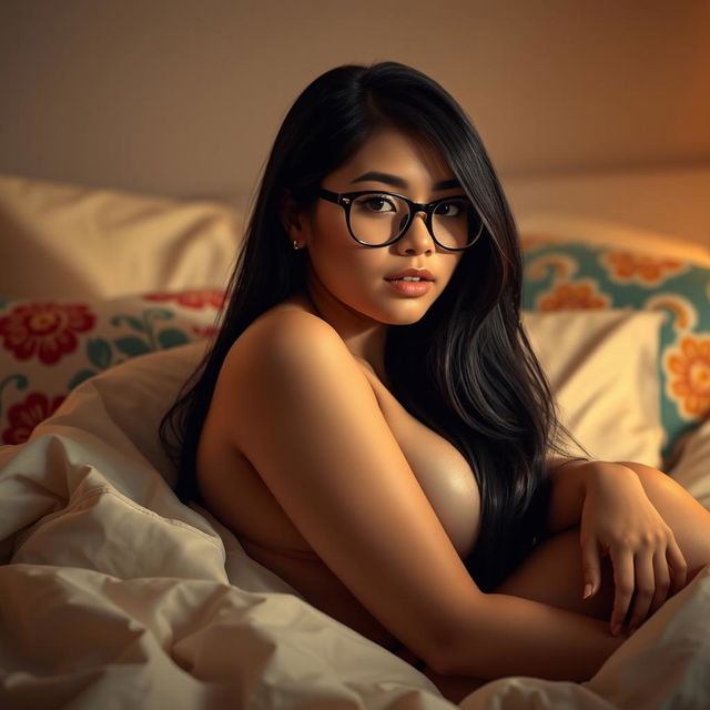 A sensually depicted college girl with long black hair, wearing stylish glasses, reclining on a plush bed