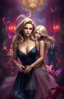 A surreal and whimsical scene depicting a fantasy twist on reality where a woman named Lera finds herself inside her own erotic novel