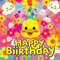 A vibrant and whimsical poster for a duck's birthday, inspired by the style of Takashi Murakami