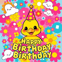 A vibrant and whimsical poster for a duck's birthday, inspired by the style of Takashi Murakami