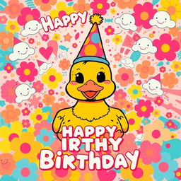 A vibrant and whimsical poster for a duck's birthday, inspired by the style of Takashi Murakami