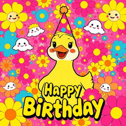 A vibrant and whimsical poster for a duck's birthday, inspired by the style of Takashi Murakami