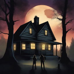 Create an intriguing poster for a teen fantasy horror mystery TV series titled 'The Hillbilly Mysteries', showcasing shadowy figures, old haunted cabin, and a dense eerie forest under a moonlit sky, all in high contrast colors