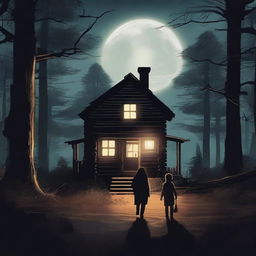 Create an intriguing poster for a teen fantasy horror mystery TV series titled 'The Hillbilly Mysteries', showcasing shadowy figures, old haunted cabin, and a dense eerie forest under a moonlit sky, all in high contrast colors