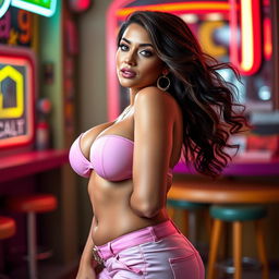 A stunning woman with an hourglass figure featuring voluptuous curves, showcasing her large breasts and accentuated hips