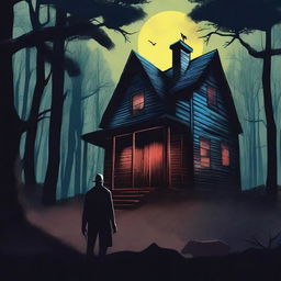 Create an intriguing poster for a teen fantasy horror mystery TV series titled 'The Hillbilly Mysteries', showcasing shadowy figures, old haunted cabin, and a dense eerie forest under a moonlit sky, all in high contrast colors