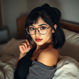 A sensually depicted college girl with medium-length black hair styled in a small ponytail, wearing chic glasses