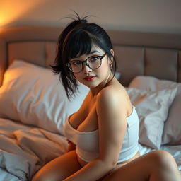 A sensually depicted college girl with medium-length black hair styled in a small ponytail, wearing chic glasses