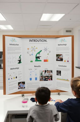 A modern and well-organized science project display board featuring various scientific diagrams, test tubes, and colorful illustrations