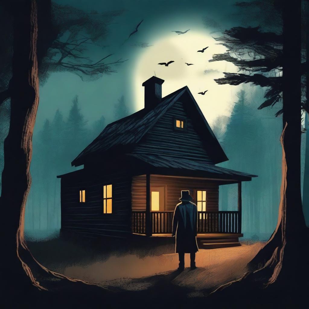 Create an intriguing poster for a teen fantasy horror mystery TV series titled 'The Hillbilly Mysteries', showcasing shadowy figures, old haunted cabin, and a dense eerie forest under a moonlit sky, all in high contrast colors