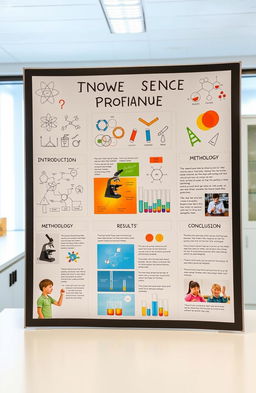 A modern and well-organized science project display board featuring various scientific diagrams, test tubes, and colorful illustrations