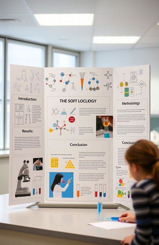 A modern and well-organized science project display board featuring various scientific diagrams, test tubes, and colorful illustrations