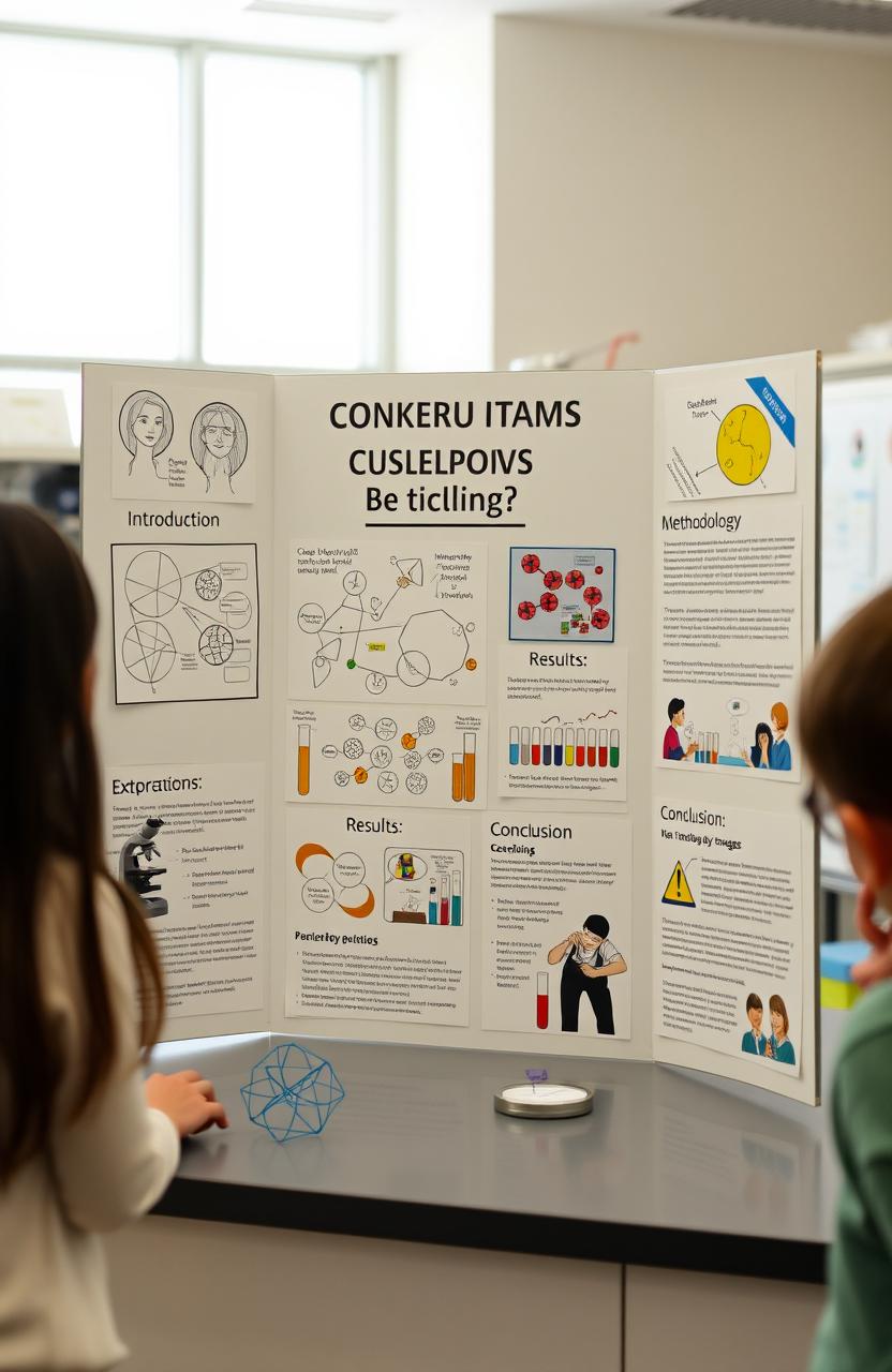 A modern and well-organized science project display board featuring various scientific diagrams, test tubes, and colorful illustrations