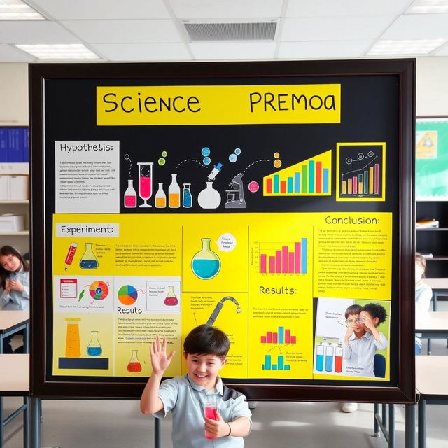 An informative and visually appealing science project presentation board displayed in a bright, well-lit classroom