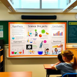 An informative and visually appealing science project presentation board displayed in a bright, well-lit classroom