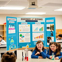 An informative and visually appealing science project presentation board displayed in a bright, well-lit classroom