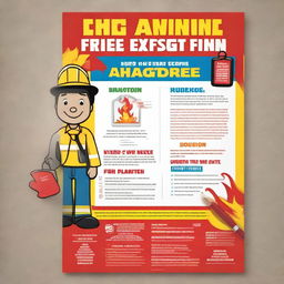 Design a fire prevention poster showcasing safety tips, extinguishing procedures and evacuation plans with a strong message to inspire action, rendered in vivid, eye-catching colors