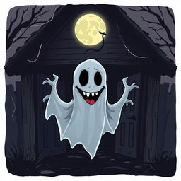 A cartoon-style illustration of a horror ghost, depicted with playful yet spooky features