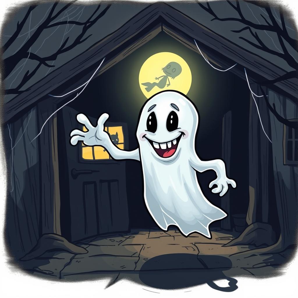 A cartoon-style illustration of a horror ghost, depicted with playful yet spooky features