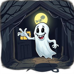 A cartoon-style illustration of a horror ghost, depicted with playful yet spooky features