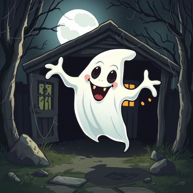 A cartoon-style illustration of a horror ghost, depicted with playful yet spooky features