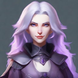 A human female warlock with one pink eye and one lavender eye, complimented by her grey hair.