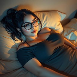 A sensually depicted college girl with medium black hair styled in a small ponytail, wearing stylish glasses, reclined on a plush bed