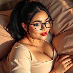 A sensually depicted college girl with medium black hair styled in a small ponytail, wearing stylish glasses, reclined on a plush bed