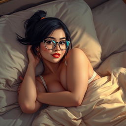 A sensually depicted college girl with medium black hair styled in a small ponytail, wearing stylish glasses, reclined on a plush bed