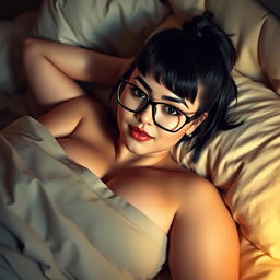 A sensually depicted college girl with medium black hair styled in a small ponytail, wearing stylish glasses, reclined on a plush bed