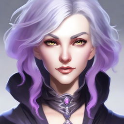 A human female warlock with one pink eye and one lavender eye, complimented by her grey hair.