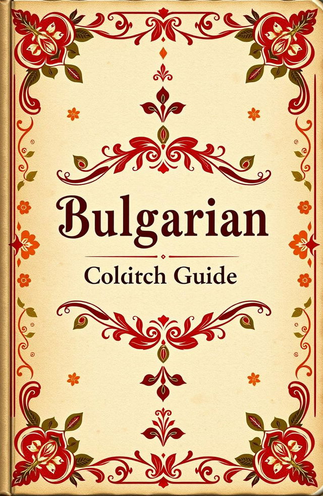 A beautifully designed cover for a Bulgarian grammar book, featuring traditional Bulgarian motifs and colors