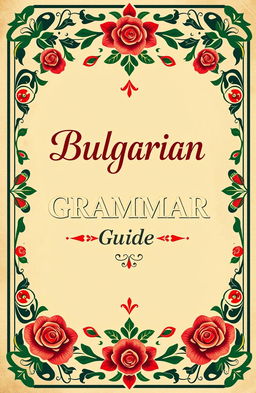 A beautifully designed cover for a Bulgarian grammar book, featuring traditional Bulgarian motifs and colors