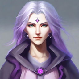 A human female warlock with one pink eye and one lavender eye, complimented by her grey hair.