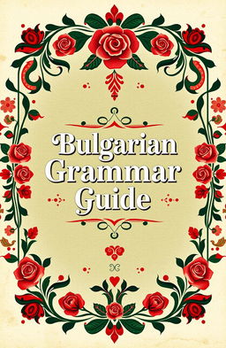 A beautifully designed cover for a Bulgarian grammar book, featuring traditional Bulgarian motifs and colors