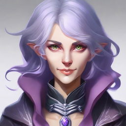 A human female warlock with one pink eye and one lavender eye, complimented by her grey hair.