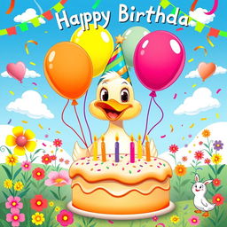 A cheerful and vibrant poster for a duck's birthday featuring a cute, cartoonish duck wearing a colorful party hat