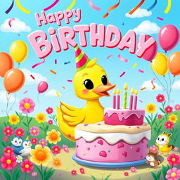 A cheerful and vibrant poster for a duck's birthday featuring a cute, cartoonish duck wearing a colorful party hat