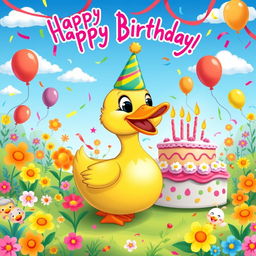A cheerful and vibrant poster for a duck's birthday featuring a cute, cartoonish duck wearing a colorful party hat