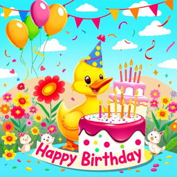A cheerful and vibrant poster for a duck's birthday featuring a cute, cartoonish duck wearing a colorful party hat