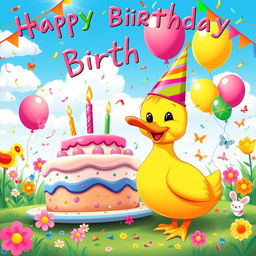 A joyful and colorful poster for a duck's birthday, featuring an adorable cartoon duck wearing a vibrant party hat, surrounded by festive decorations