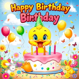A joyful and colorful poster for a duck's birthday, featuring an adorable cartoon duck wearing a vibrant party hat, surrounded by festive decorations