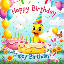 A joyful and colorful poster for a duck's birthday, featuring an adorable cartoon duck wearing a vibrant party hat, surrounded by festive decorations