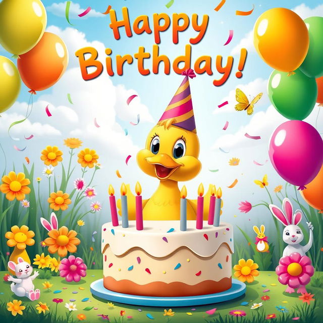 A joyful and colorful poster for a duck's birthday, featuring an adorable cartoon duck wearing a vibrant party hat, surrounded by festive decorations