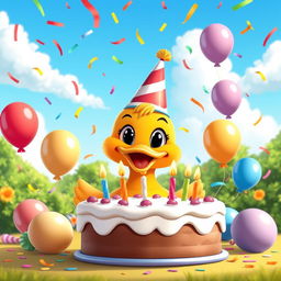 A playful and festive poster for a duck's birthday, showcasing a cute cartoon duck wearing a colorful party hat, surrounded by cake and balloons